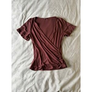 Sheila Rose Burgundy Wrap Front Short Sleeve Ruched V-Neck Top Small Wine Red